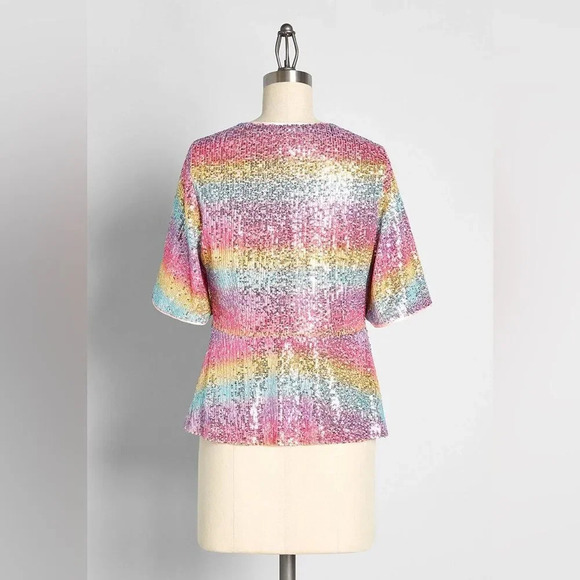 MODCLOTH NWOT Sparkling Spectrums Surplice Peplum Top in Pink - Picture 2 of 9